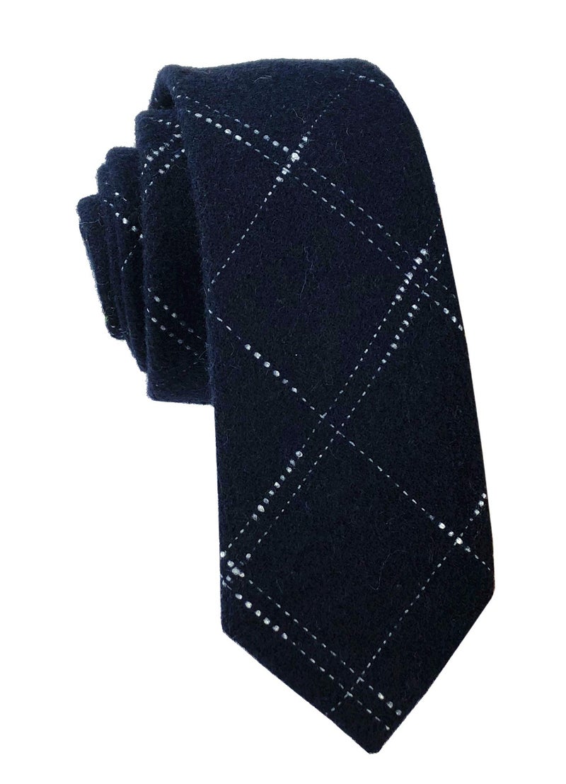 Secdtie Men Skinny Navy Blue Silk Wool Ties Classic Cotton Timeless Check Formal Neckties 2.4" for Groom - Image 1